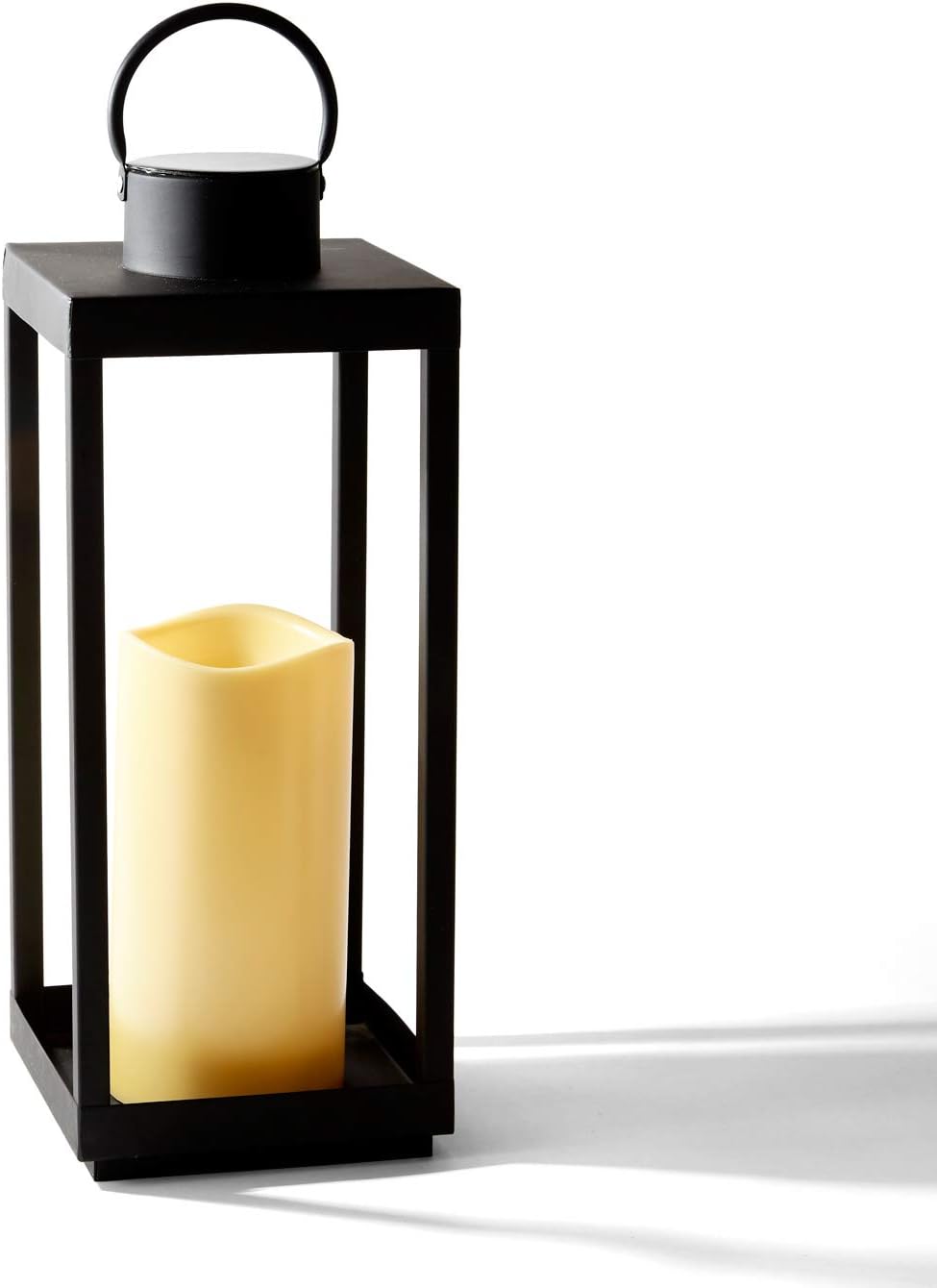 Large Outdoor Lantern with Solar Candle, 18 Inch Tall, Matte Black Metal Frame, Waterproof Flameless Pillar Candle V98774