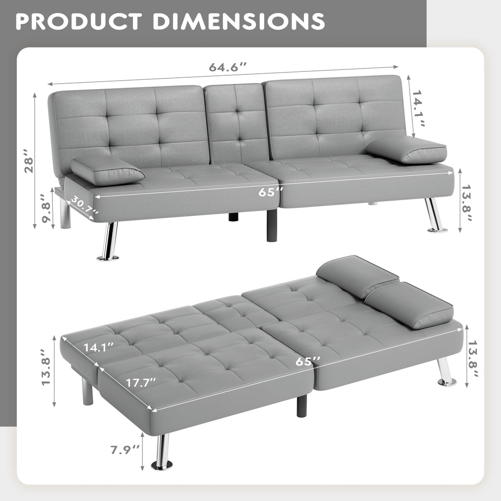 Convertible Folding Futon Sofa Bed Sleeper Couch, Faux Leather, Gray N41739