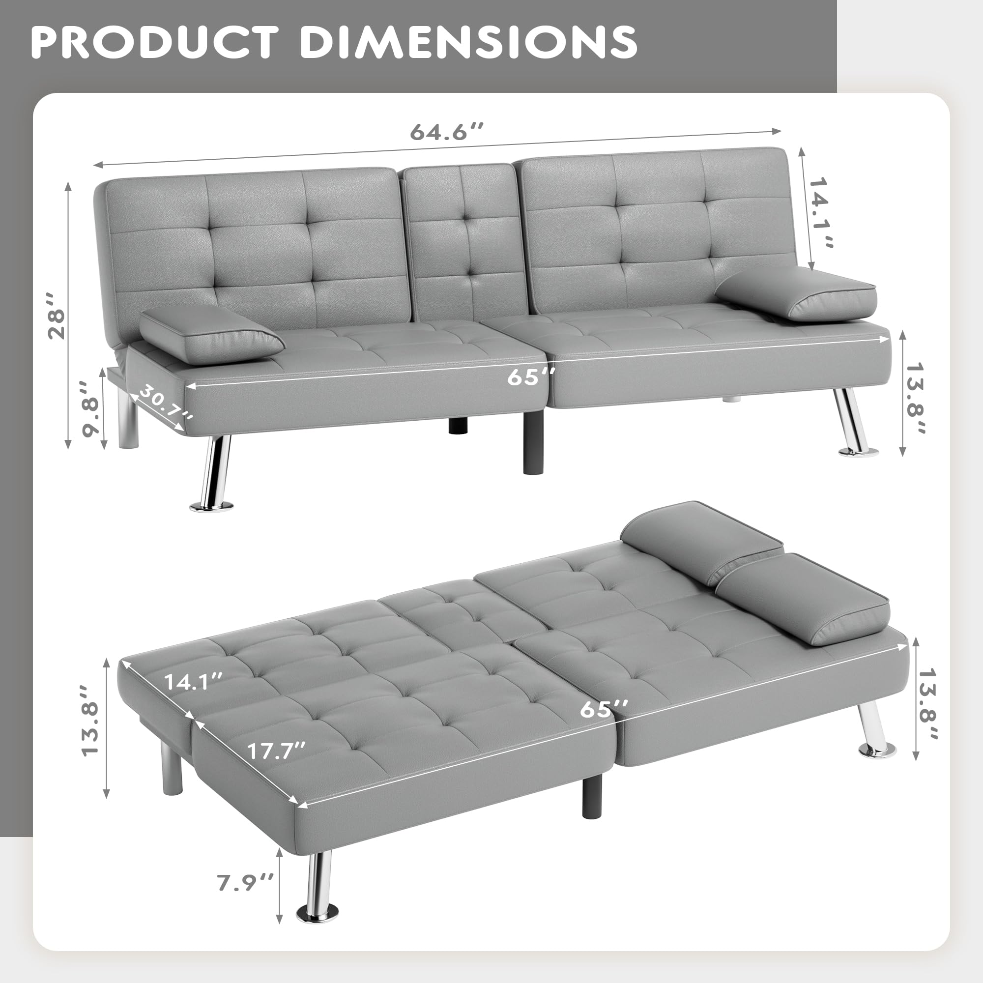 Convertible Folding Futon Sofa Bed Sleeper Couch, Faux Leather, Gray N41739