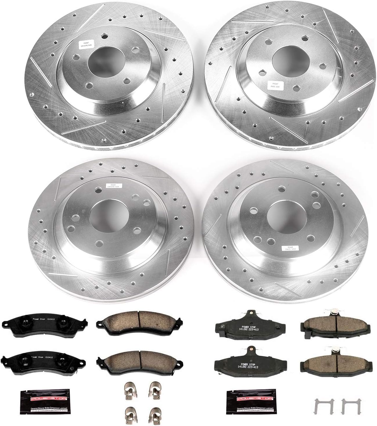 Front and Rear Carbon Fiber Brake Pads with Drilled & Slotted Brake Rotors Kit I875