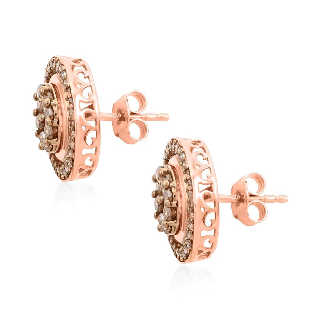 Champagne Diamond Round 925 Sterling Silver Vermeil Rose Gold Plated Cluster Stud Solitaire Earrings O64164