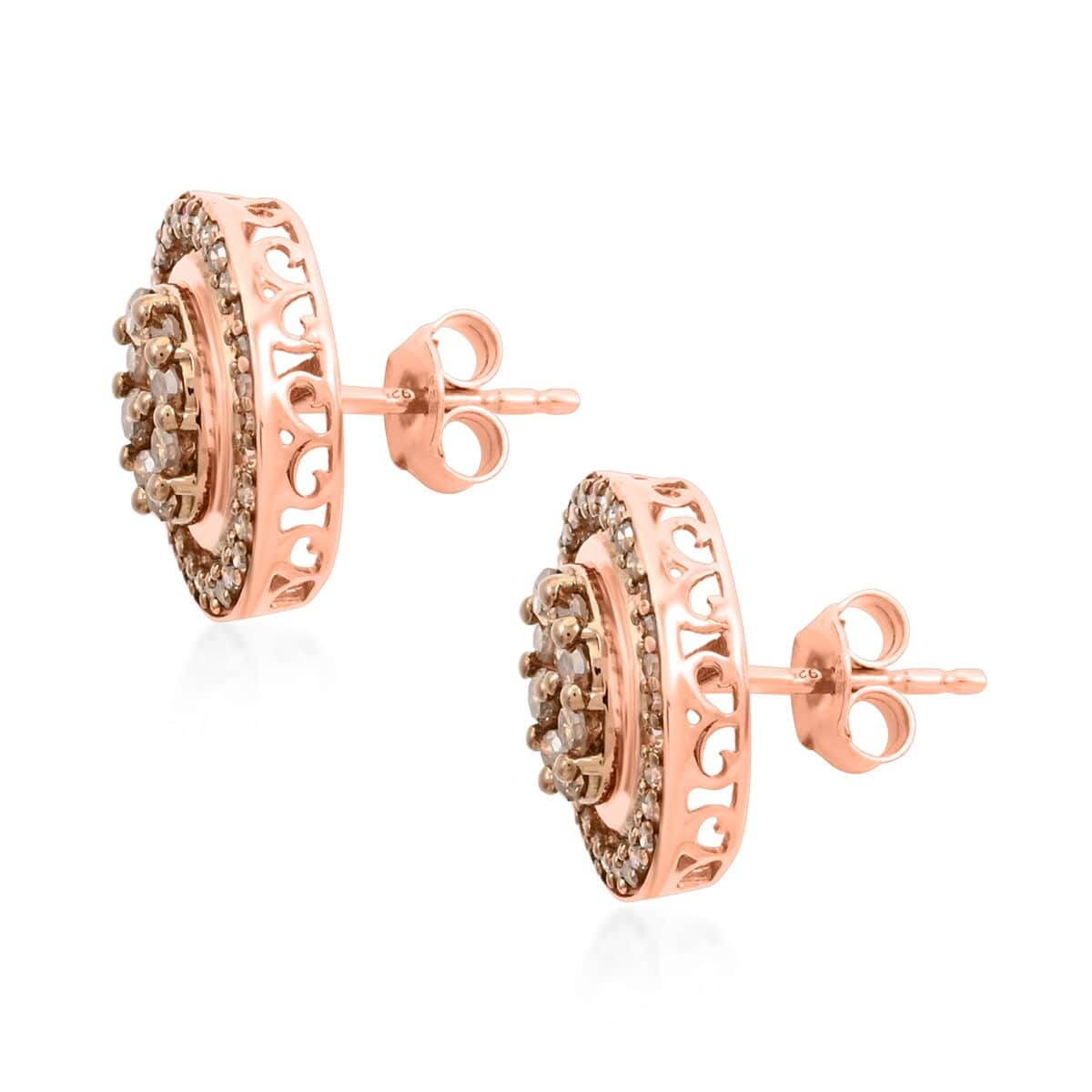 Champagne Diamond Round 925 Sterling Silver Vermeil Rose Gold Plated Cluster Stud Solitaire Earrings O64164