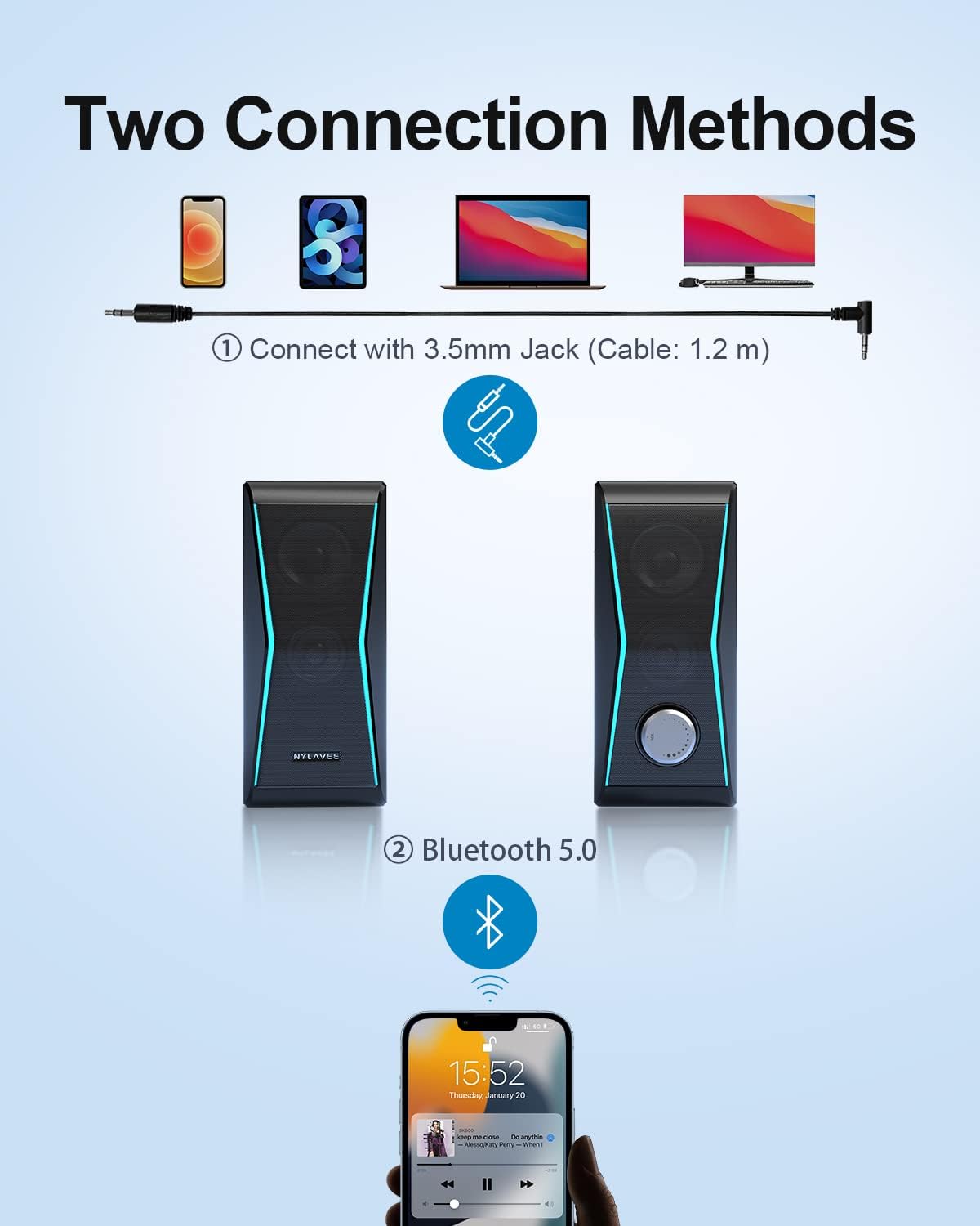 Computer Speakers, USB Powered, Bluetooth 5.0 & 3.5mm Aux-in, Pack of 2 B491