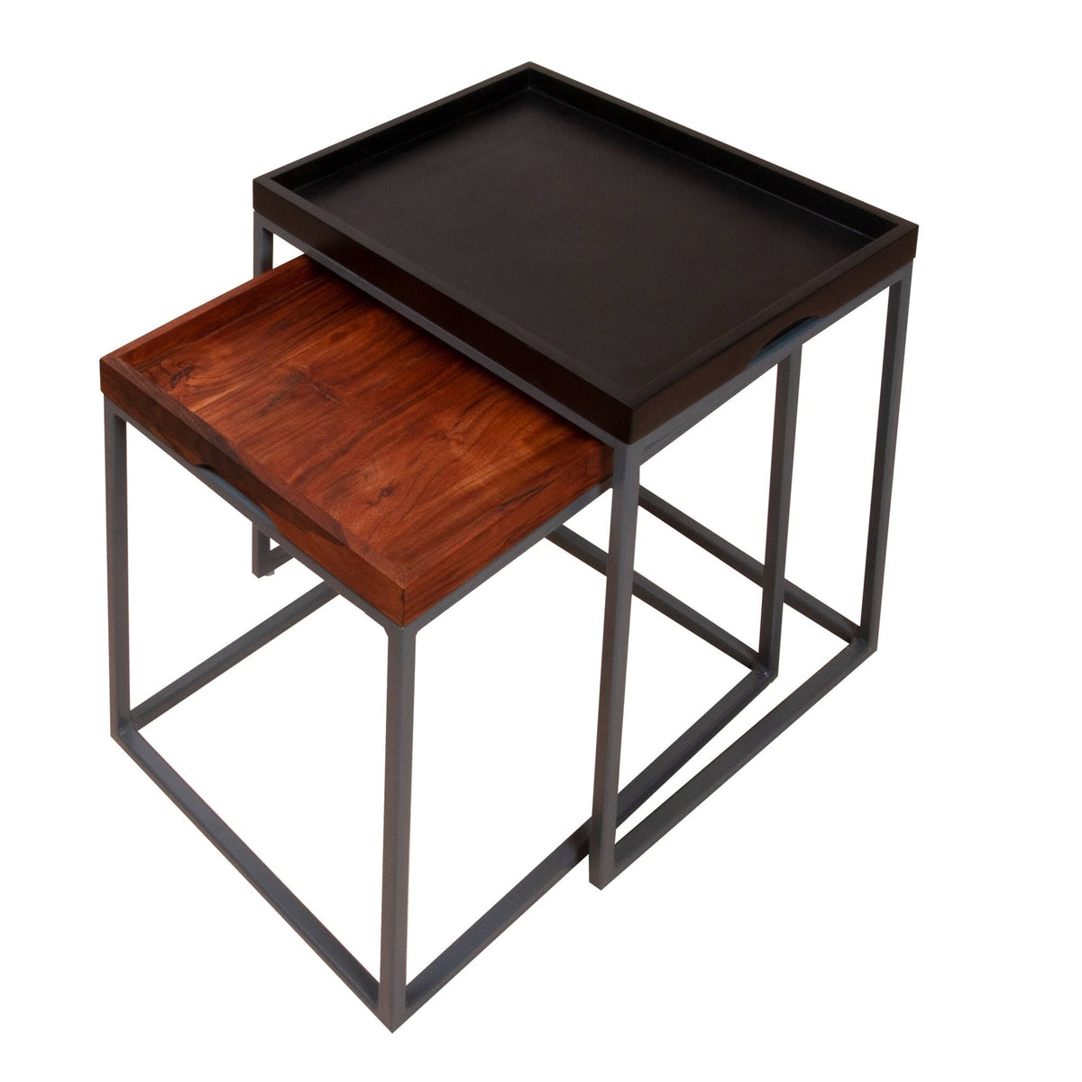 2 Piece Wooden Tray Top Nesting Table Set with Metal Frame, Brown and Black W2286