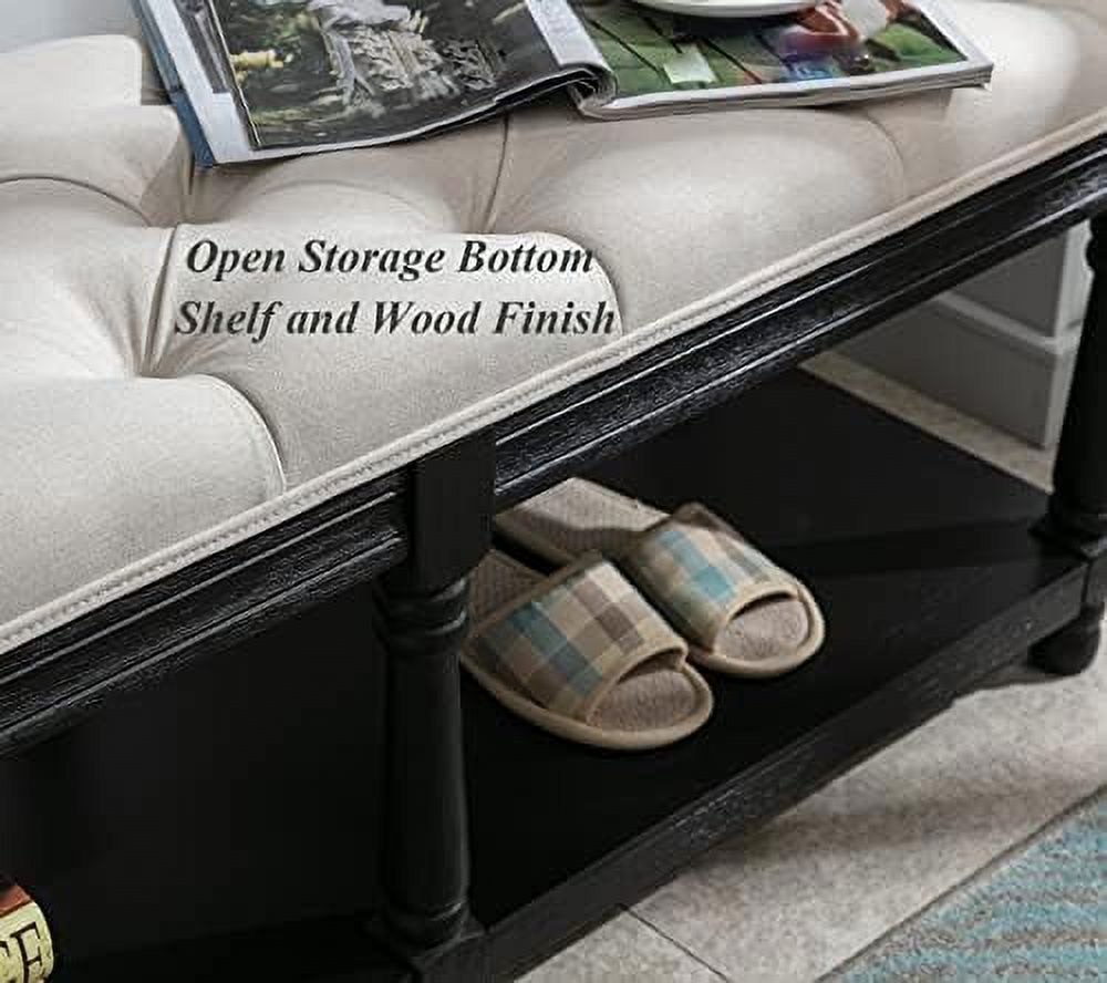 Grey Linen Tufted Bench with Shelf L524611