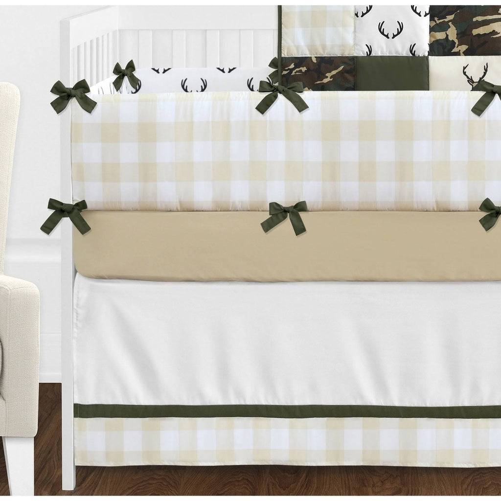 Green Beige Deer Buffalo Plaid Check Woodland Camo Camouflage 9-Piece Crib Bedding Set Y666098
