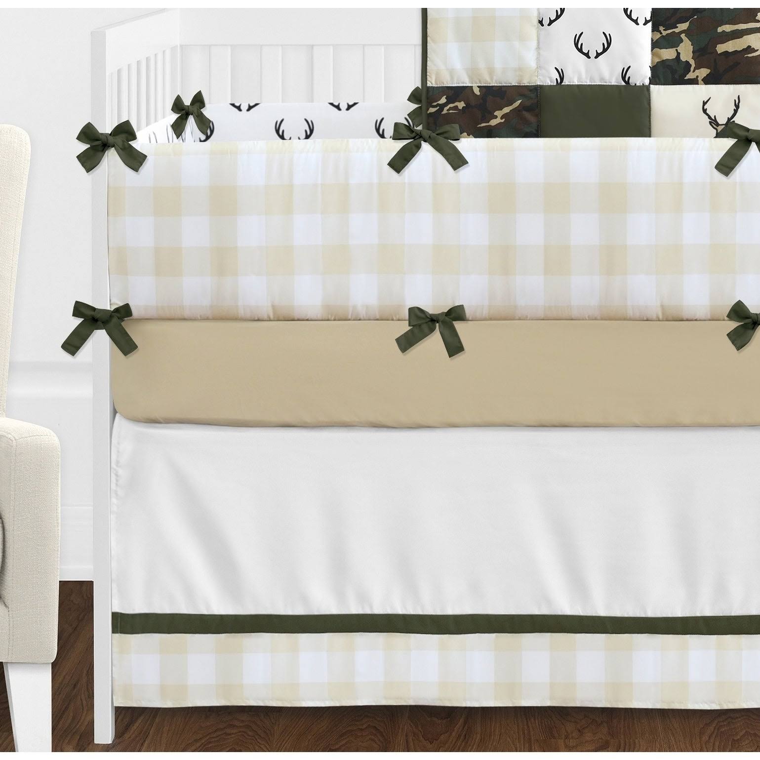Green Beige Deer Buffalo Plaid Check Woodland Camo Camouflage 9-Piece Crib Bedding Set Y666098