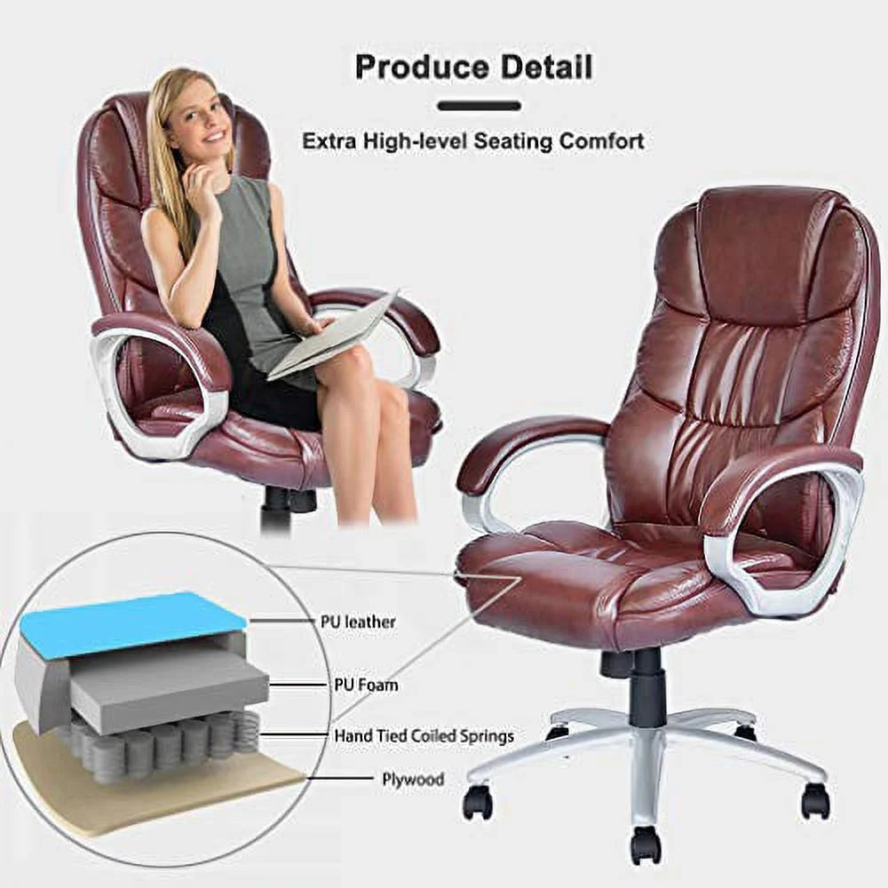 Brown PU Leather Ergonomic High Back Office Chair with Lumbar Support Q807285