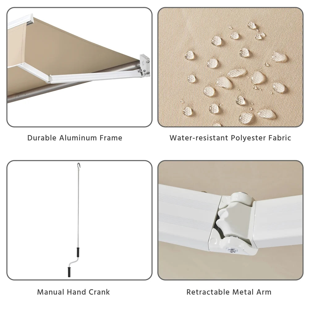 Beige Retractable Patio Sun Shade Awning with Hand Crank C832344