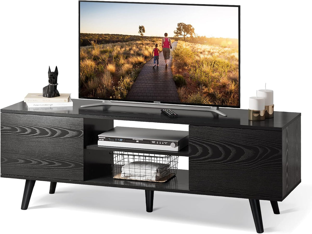 Black TV Stand with Storage Cabinet and Open Shelves J593158