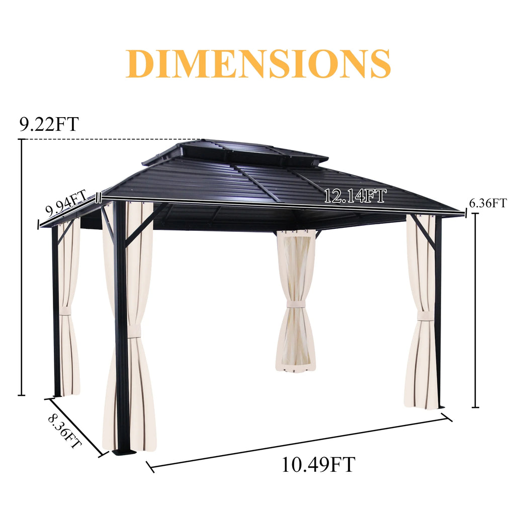 10x12FT Galvanized Steel Hardtop Gazebo with Double Roof W364630