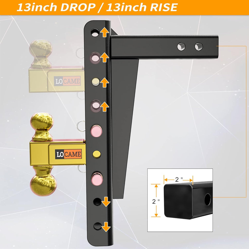 Adjustable Trailer Hitch, 2-Inch Receiver, 13-Inch Drop/Rise, 21000 LBS GTW, Double Pins, Solid Ball Mount P6947