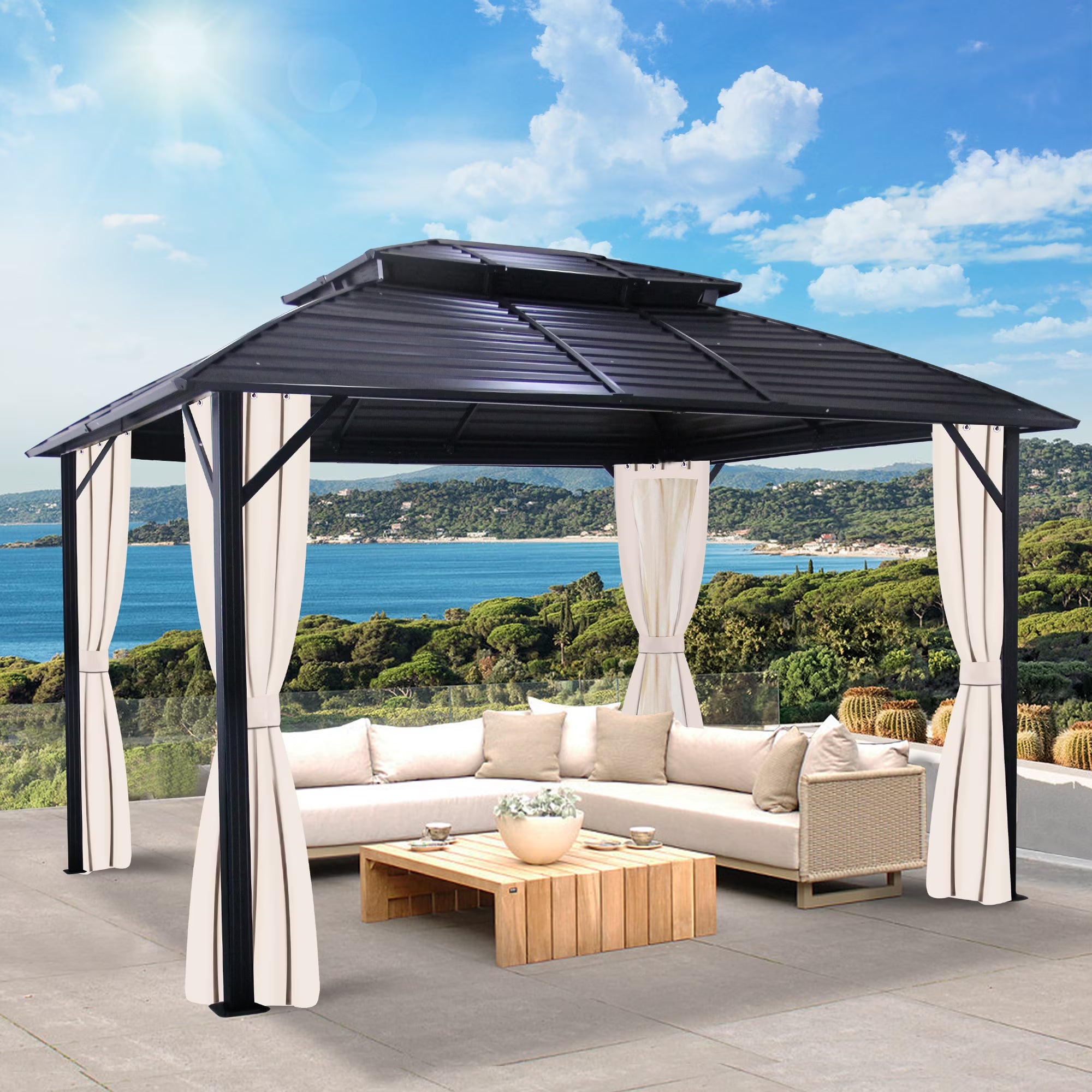 10x12FT Galvanized Steel Hardtop Gazebo with Double Roof W364630