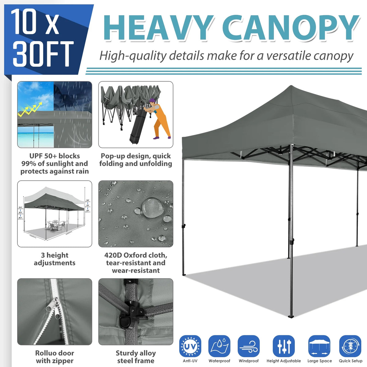10'x30' Heavy Duty Pop Up Canopy Tent with 8 Removable Sidewalls, Grey K74495