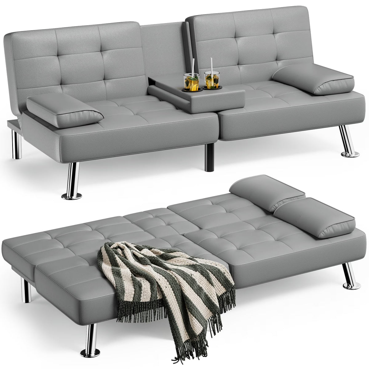 Convertible Folding Futon Sofa Bed Sleeper Couch, Faux Leather, Gray N41739