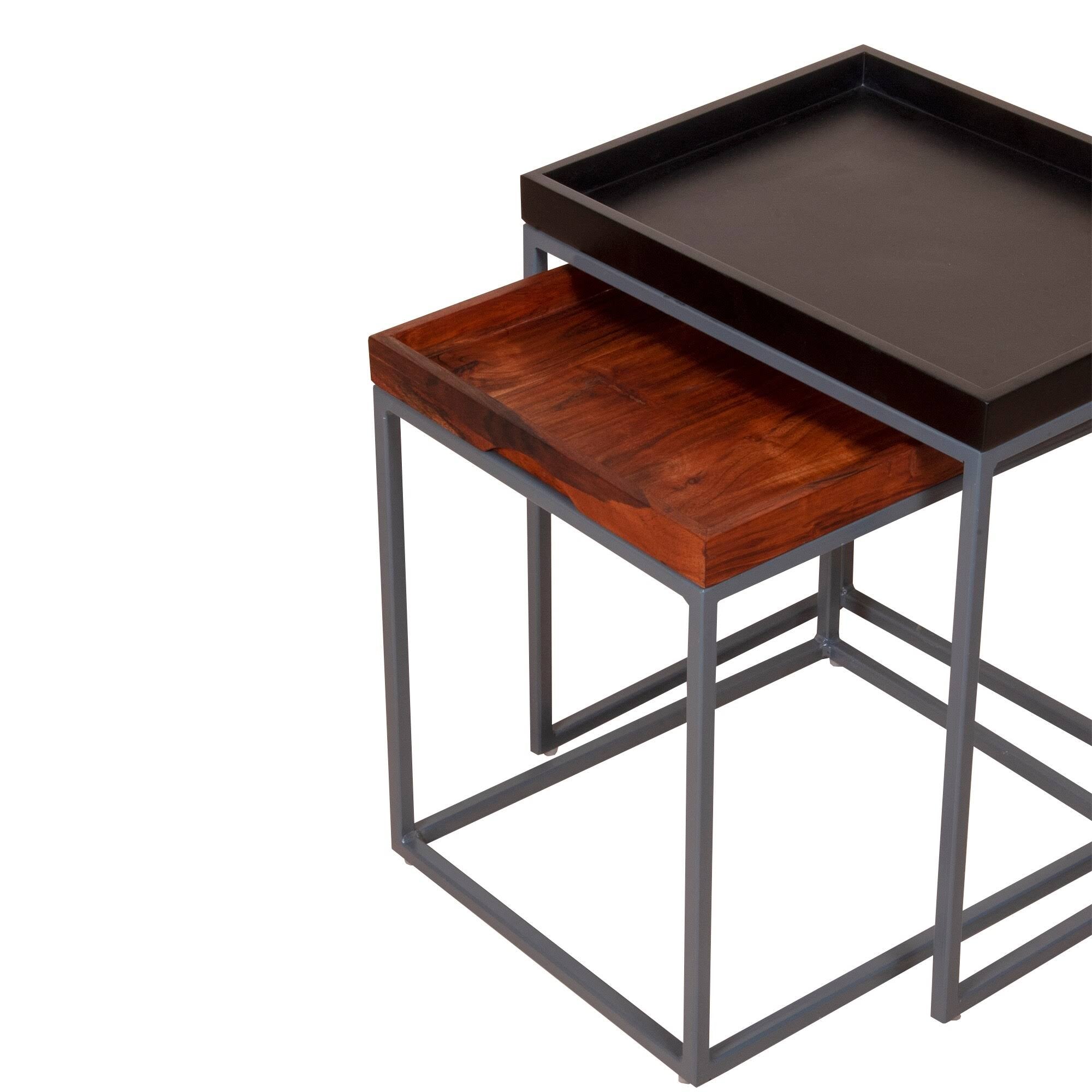 2 Piece Wooden Tray Top Nesting Table Set with Metal Frame, Brown and Black W2286
