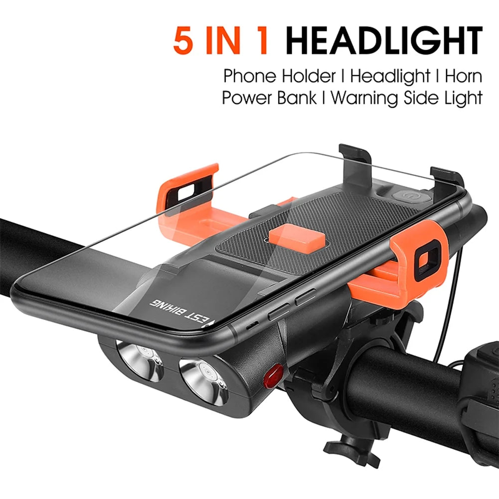 5in1 Bike Front Bracket Lamp Horn Mobilephone Holder Warning Bell Powerbanks USB Rechargeable Cycling Accessories B14213