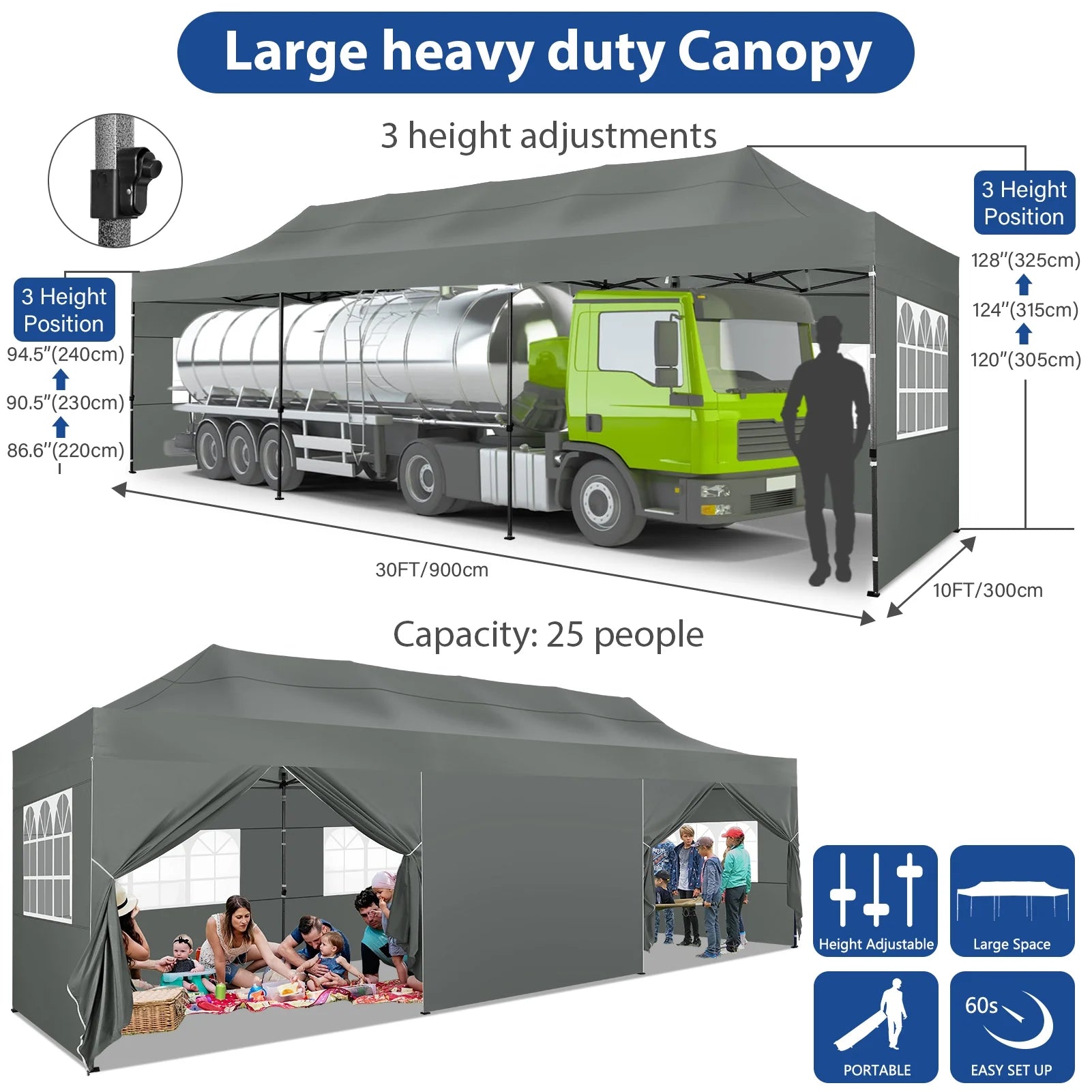 10'x30' Heavy Duty Pop Up Canopy Tent with 8 Removable Sidewalls, Grey K74495