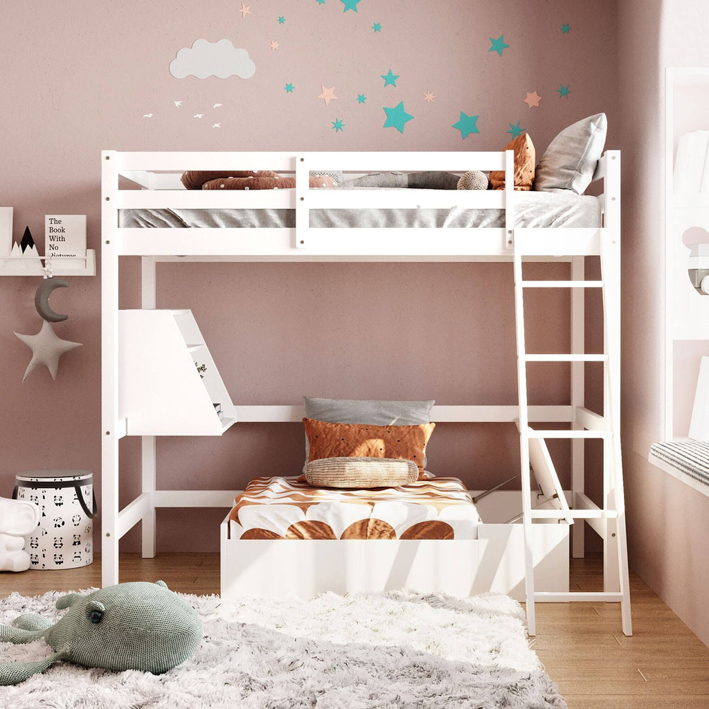 White Twin Loft Bed with Storage Drawer & Shelf K659