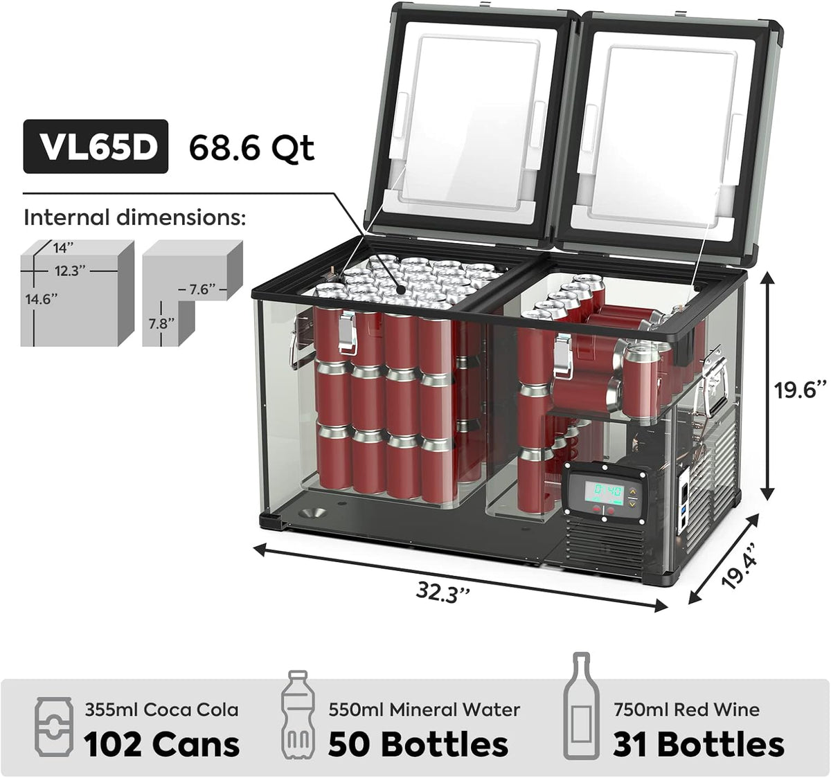 68.6 Quart Double Zone Portable Refrigerator with SECOP Compressor F6647
