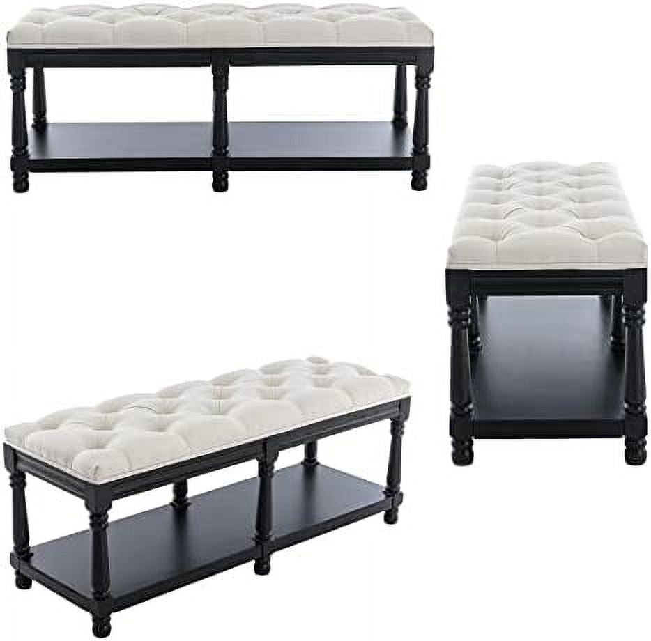 Grey Linen Tufted Bench with Shelf L524611