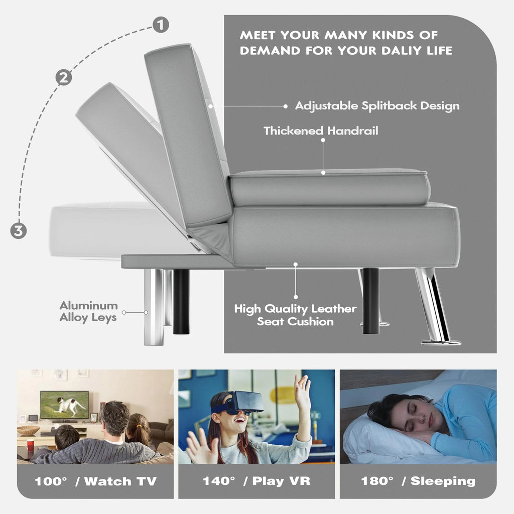 Convertible Folding Futon Sofa Bed Sleeper Couch, Faux Leather, Gray N41739