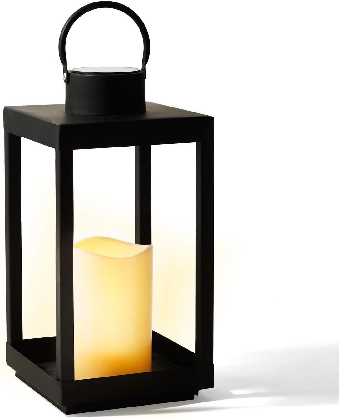 Large Outdoor Lantern with Solar Candle, 18 Inch Tall, Matte Black Metal Frame, Waterproof Flameless Pillar Candle V98774