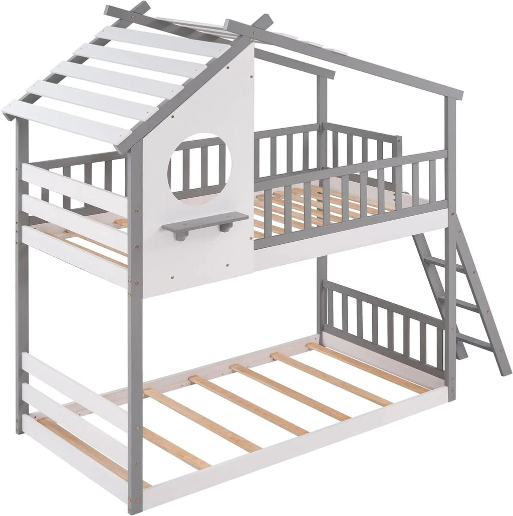 Gray Wood Kids Bunk Bed with Ladder D4662
