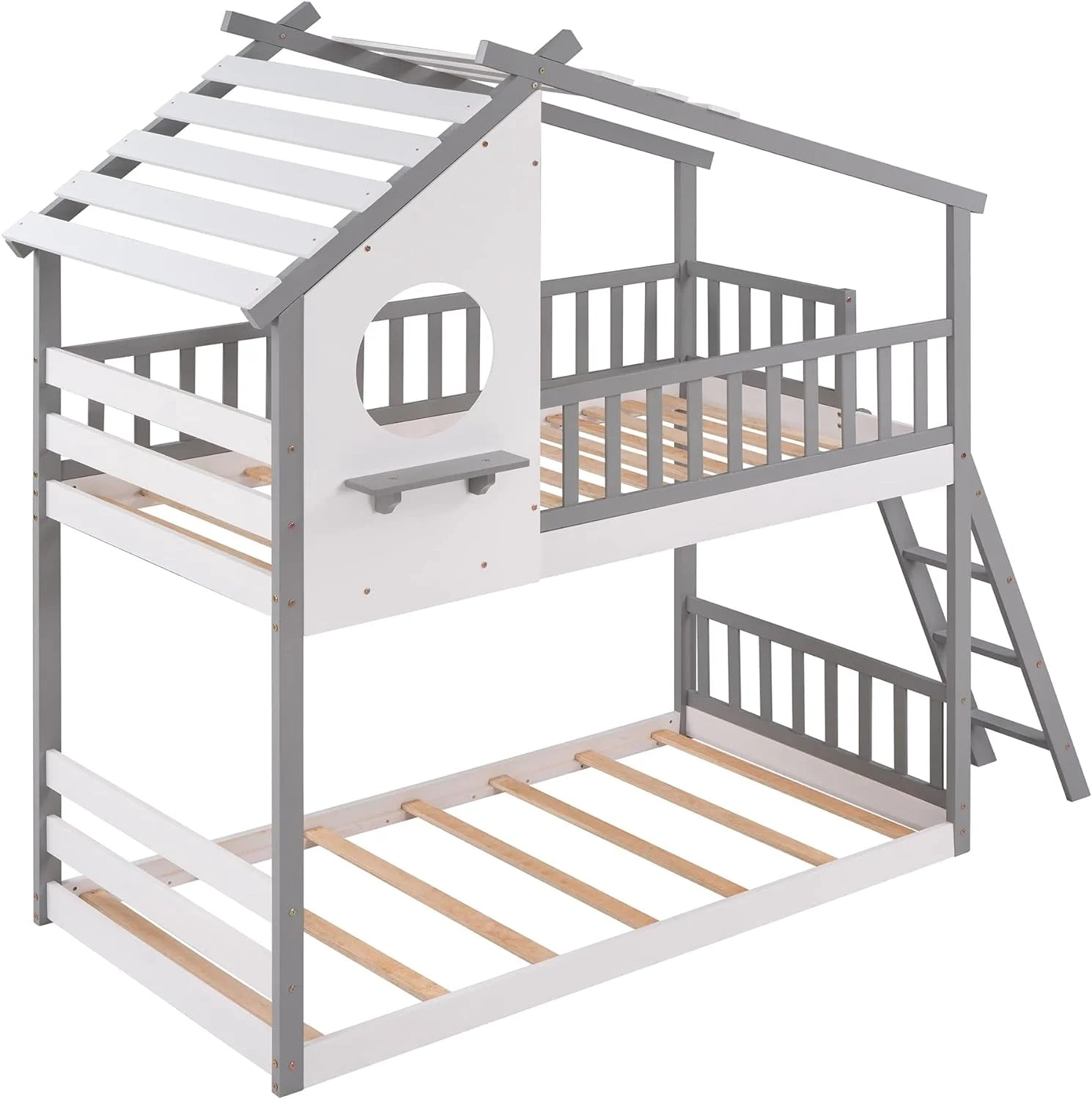 Gray Wood Kids Bunk Bed with Ladder D4662