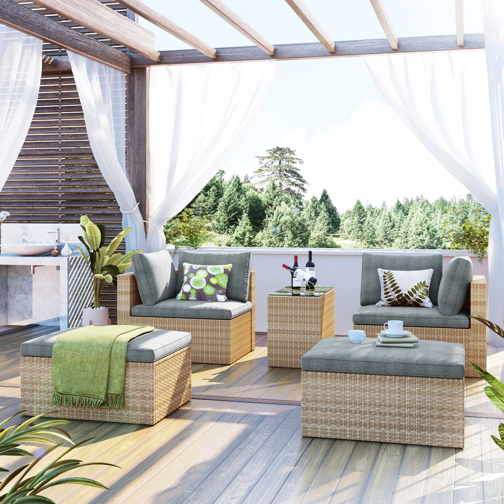 Gray Wicker Rattan Patio Sectional Sofa Set with Ottomans and Cushions S370188