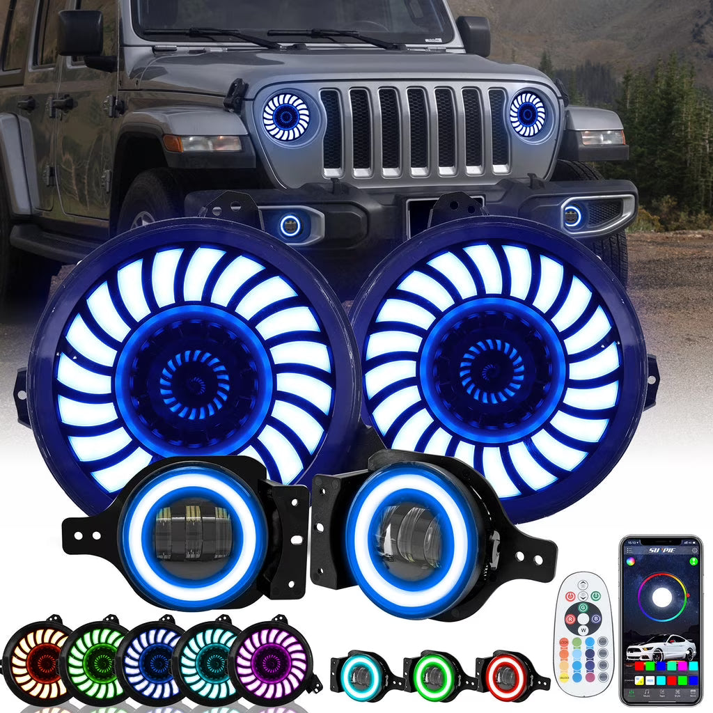 RGBW Series 9" 3D LED Lens Halo Headlights with 4" Fog Lights Combos P453887