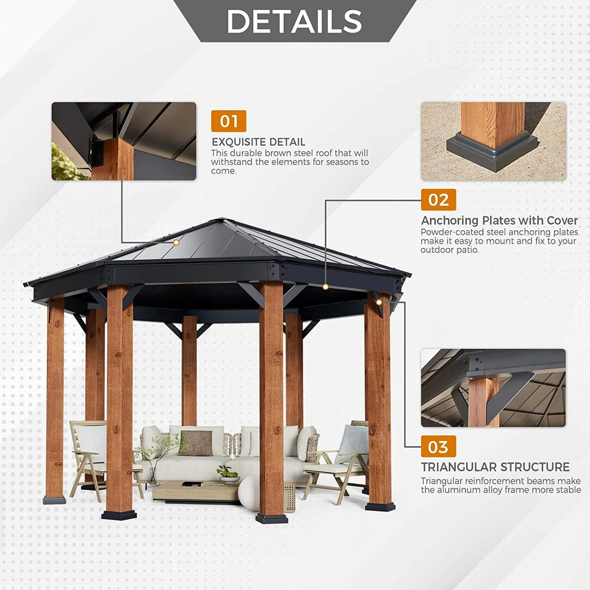 Outdoor Galvanized Steel Roof Gazebo Pergola with Privacy Curtains and Nettings N338937