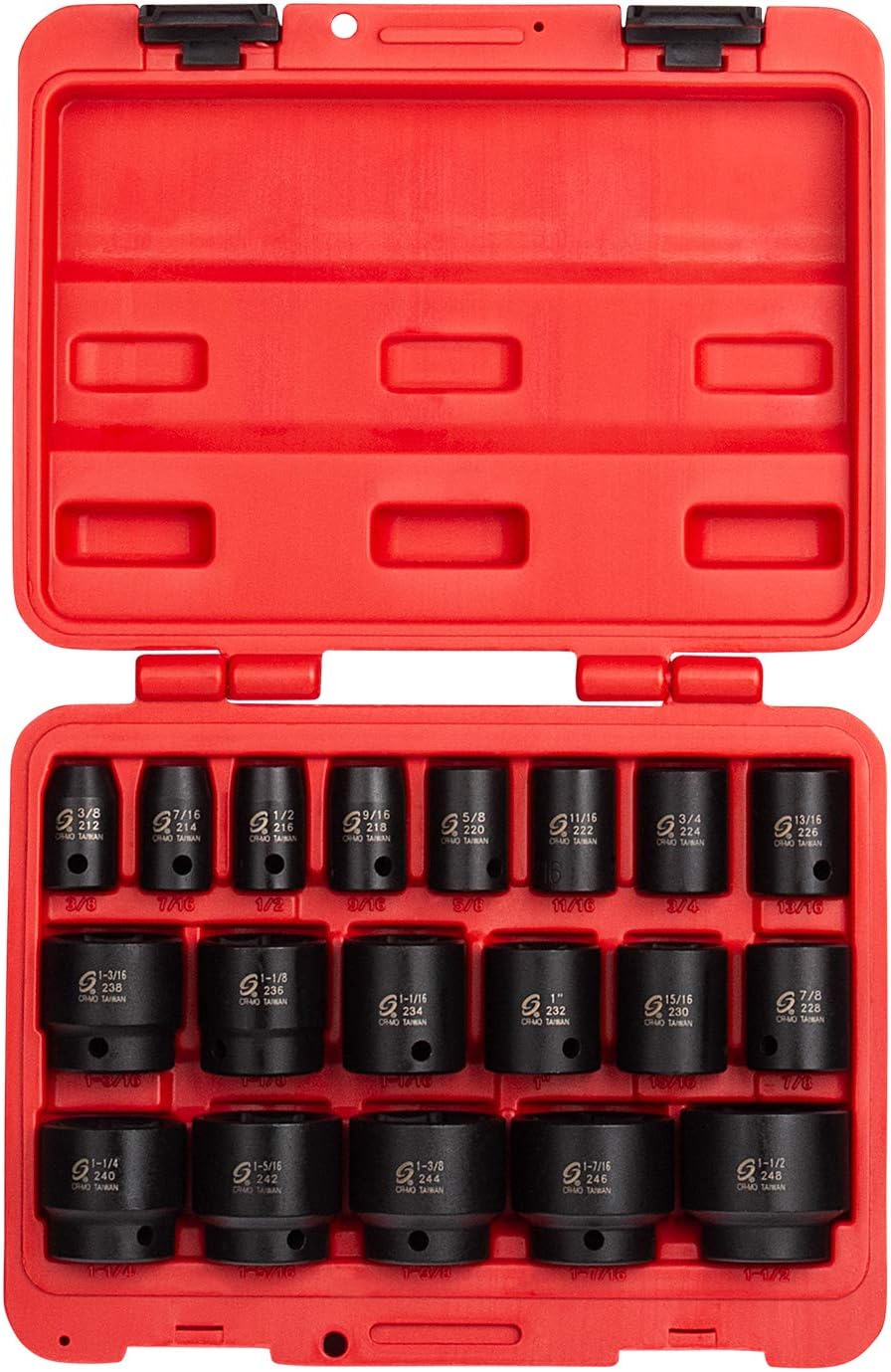 1/2 Inch Drive 19-Piece SAE Impact Socket Set with Heavy Duty Storage Case J77353