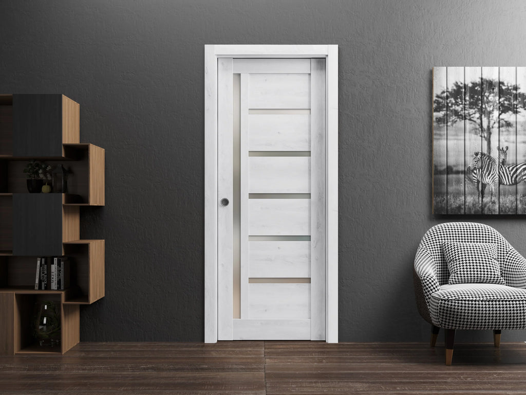 Nordic White Solid Wood Sliding French Pocket Door with Frosted Glass Q42947