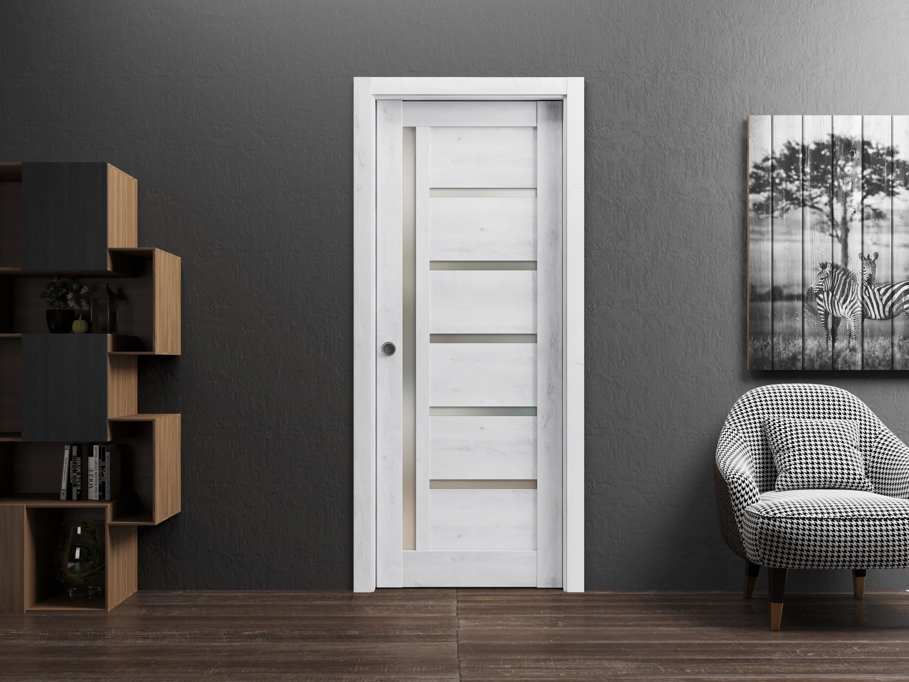 Nordic White Solid Wood Sliding French Pocket Door with Frosted Glass Q42947