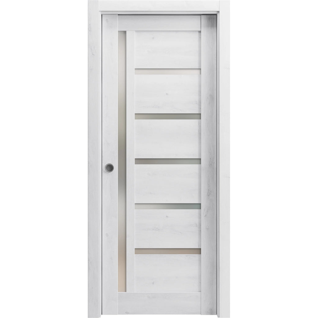 Nordic White Solid Wood Sliding French Pocket Door with Frosted Glass Q42947