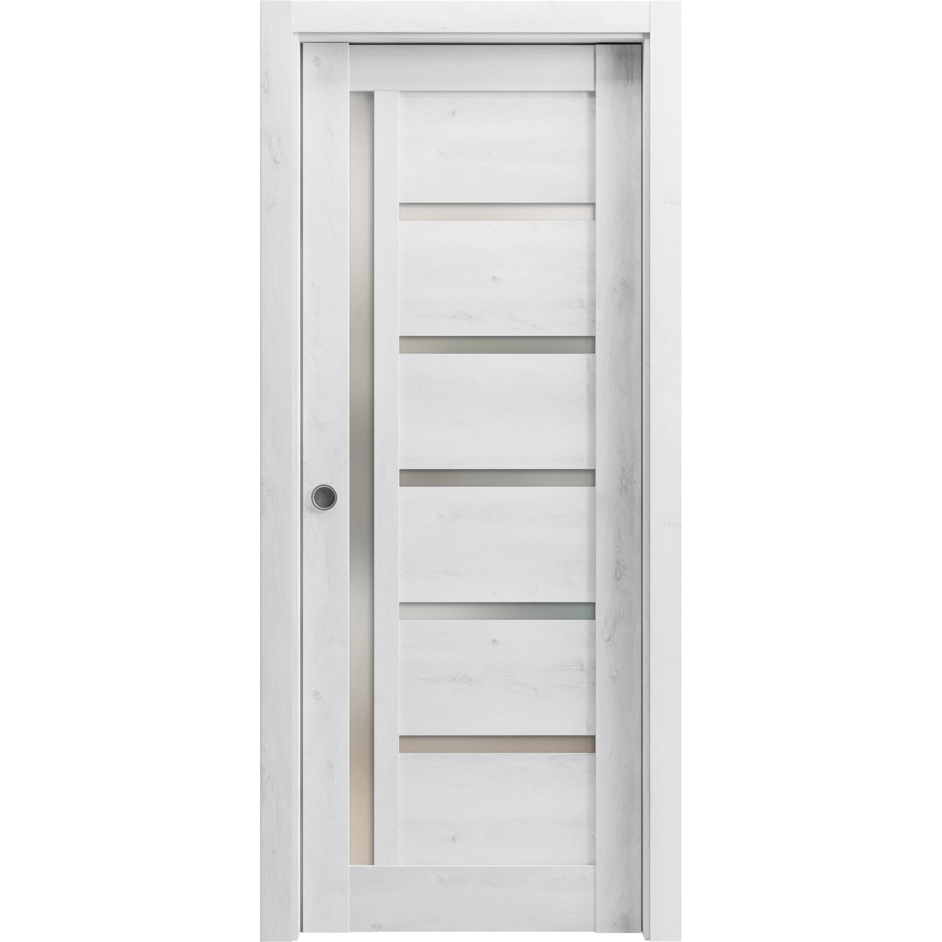 Nordic White Solid Wood Sliding French Pocket Door with Frosted Glass Q42947