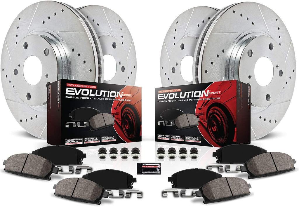 Front and Rear Carbon Fiber Brake Pads with Drilled & Slotted Brake Rotors Kit I875