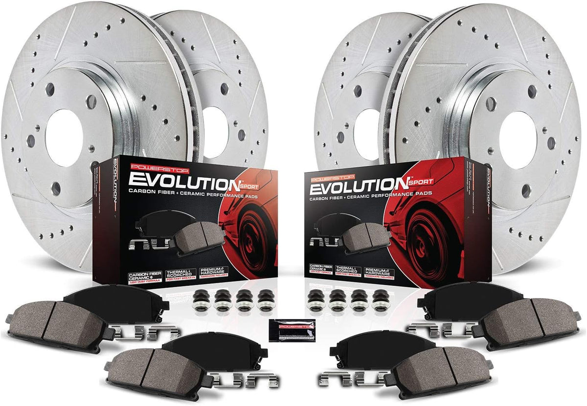 Front and Rear Carbon Fiber Brake Pads with Drilled & Slotted Brake Rotors Kit I875