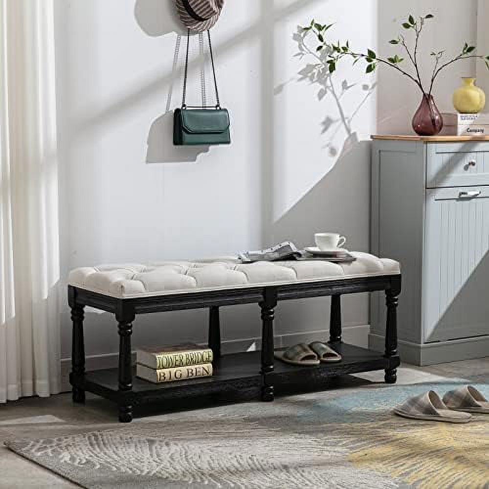 Grey Linen Tufted Bench with Shelf L524611