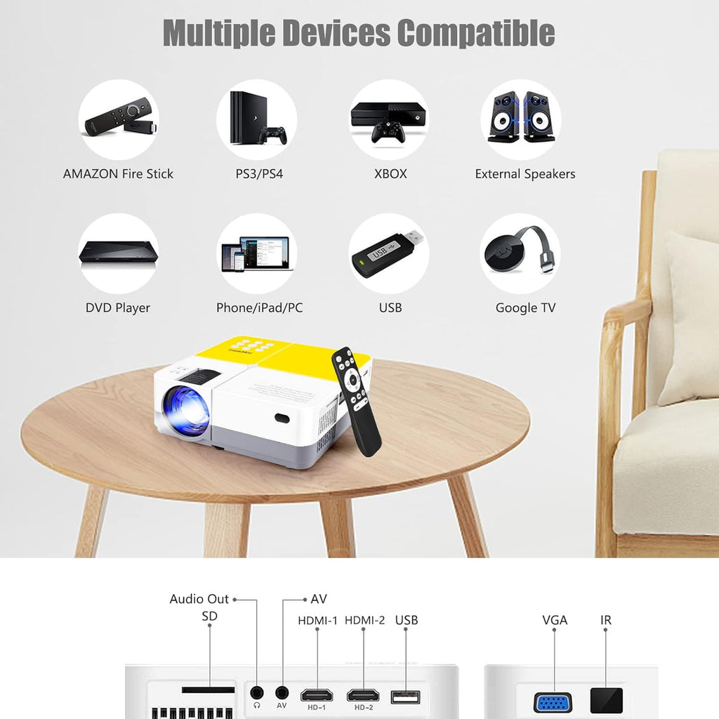 Mini Projector, 55000 Hours Full HD 1080P Supported Portable Video Projector H842299