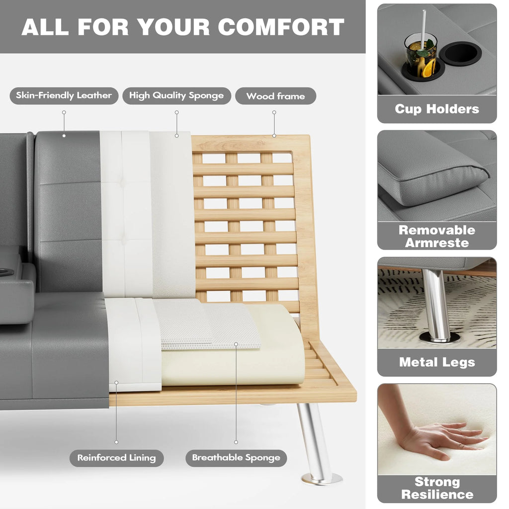 Convertible Folding Futon Sofa Bed Sleeper Couch, Faux Leather, Gray N41739