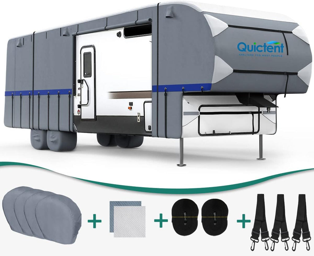 5th Wheel RV Cover, Extra-Thick 6-ply, Fits 37 - 41Ft Motorhome, Waterproof Rip-Stop, with 2 Windproof Straps, 4 Tire Covers O366