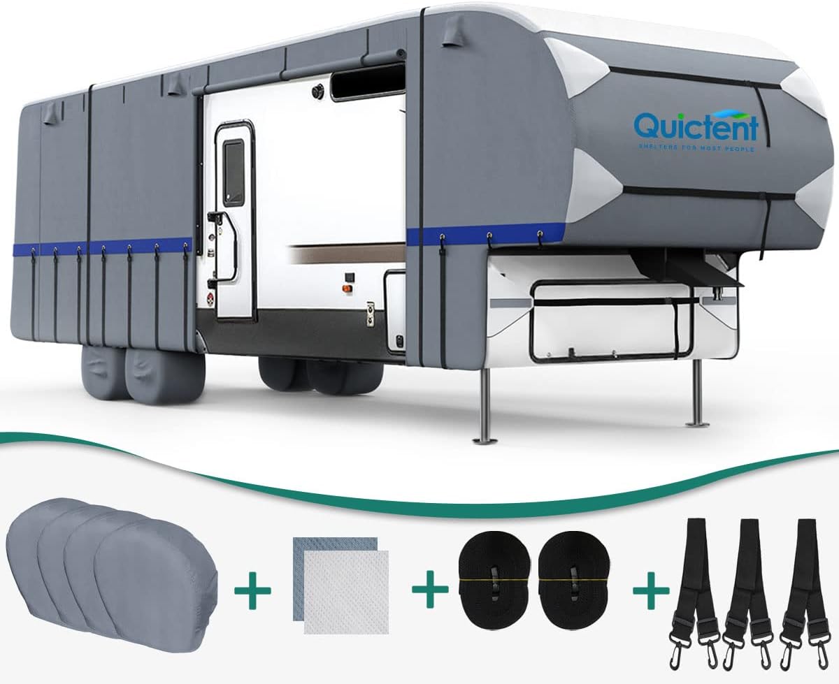 5th Wheel RV Cover, Extra-Thick 6-ply, Fits 37 - 41Ft Motorhome, Waterproof Rip-Stop, with 2 Windproof Straps, 4 Tire Covers O366
