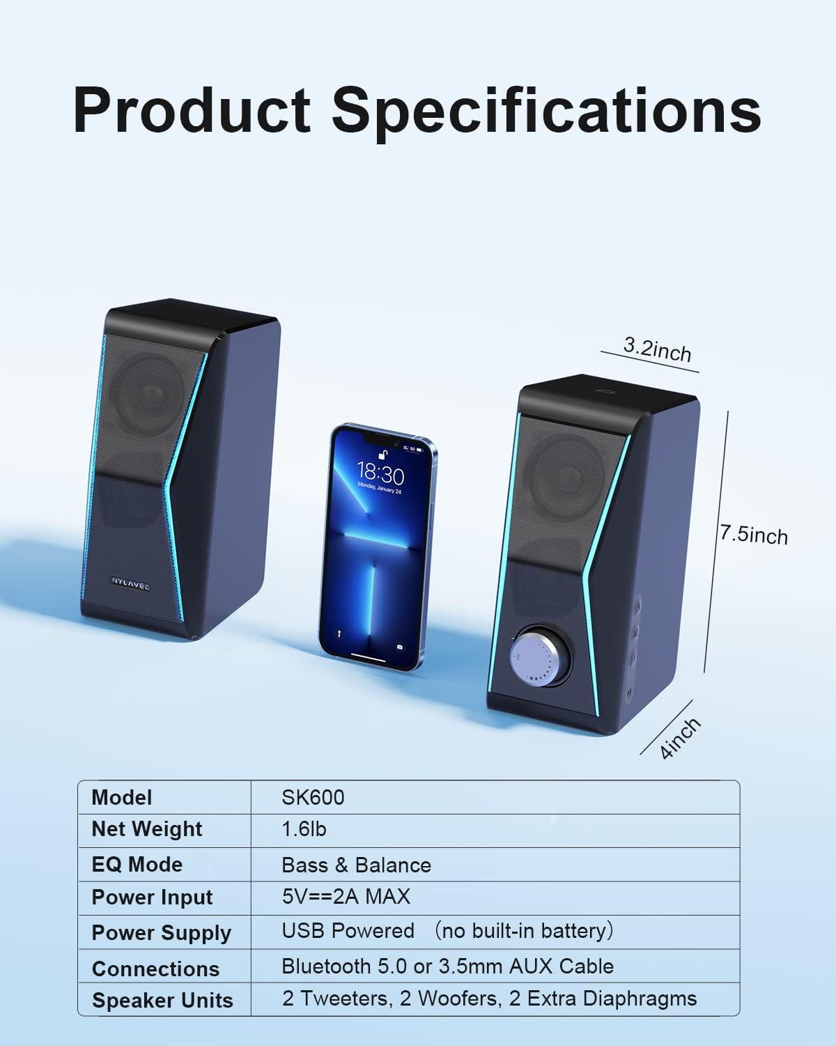 Computer Speakers, USB Powered, Bluetooth 5.0 & 3.5mm Aux-in, Pack of 2 B491