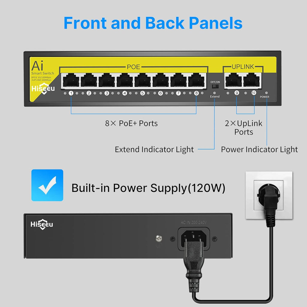 8 Port PoE Switch with 2 Ethernet Uplink Ports, 120 W, Metal Case M246834