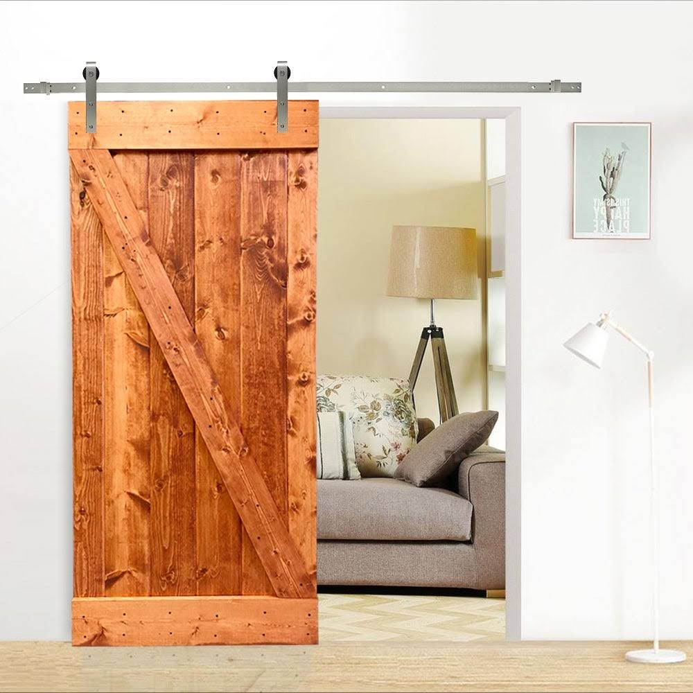 Red Walnut Stained Wood Interior Sliding Barn Door with Hardware Kit X352039