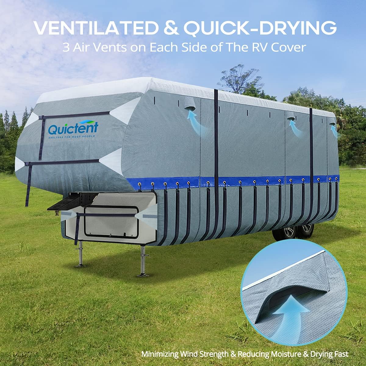 5th Wheel RV Cover, Extra-Thick 6-ply, Fits 37 - 41Ft Motorhome, Waterproof Rip-Stop, with 2 Windproof Straps, 4 Tire Covers O366
