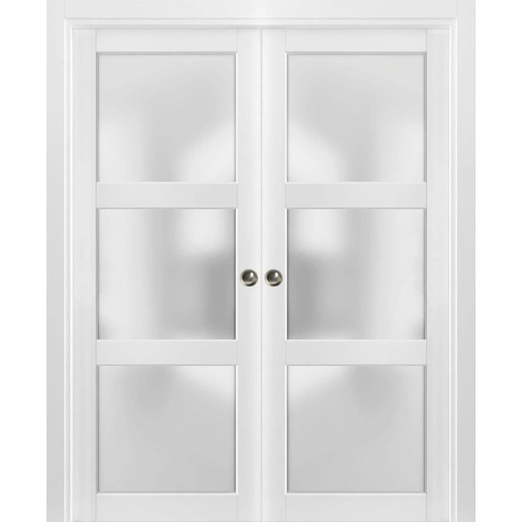 Frosted Glass Sliding French Double Pocket Doors 48 x 80 inches 3 Lites W672