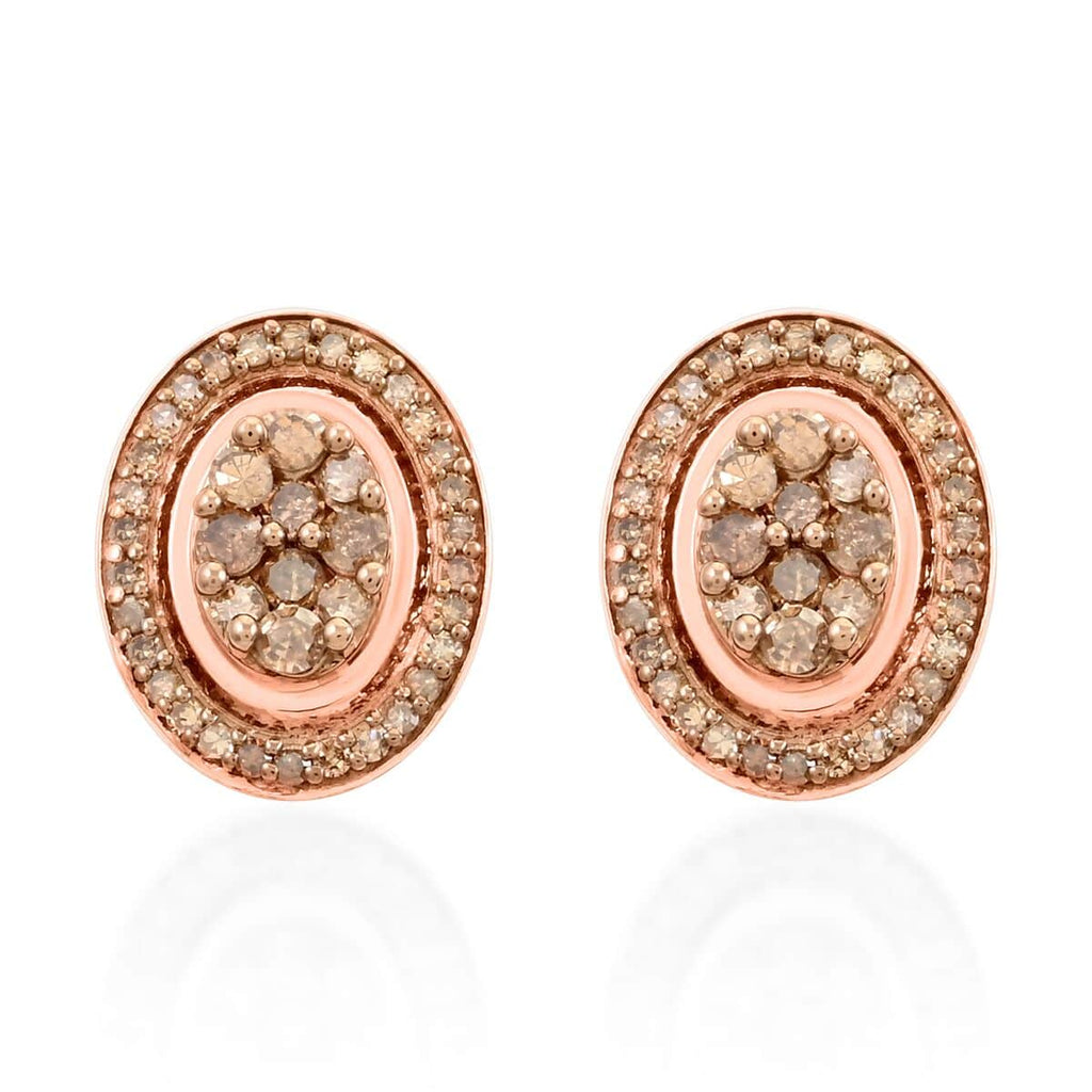 Champagne Diamond Round 925 Sterling Silver Vermeil Rose Gold Plated Cluster Stud Solitaire Earrings O64164